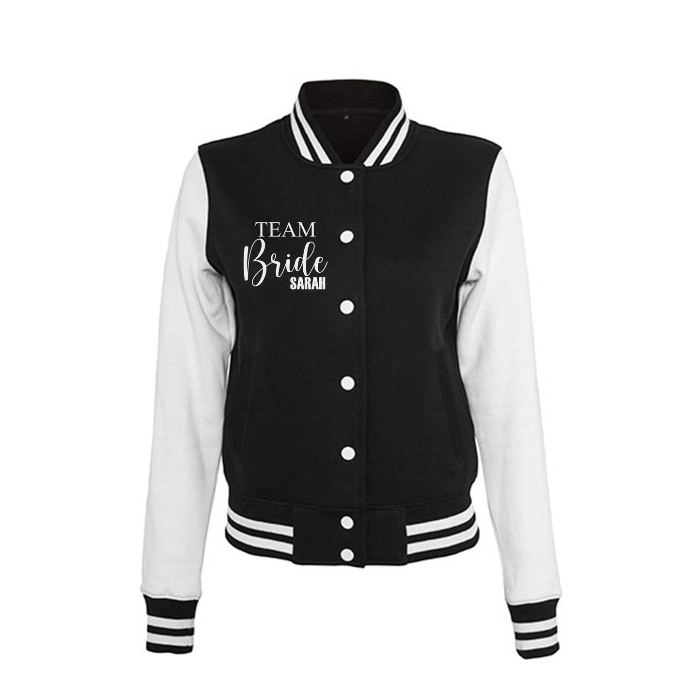 Personalisierte Collegejacke Junggesellinnenabschied JGA schwarz weiß