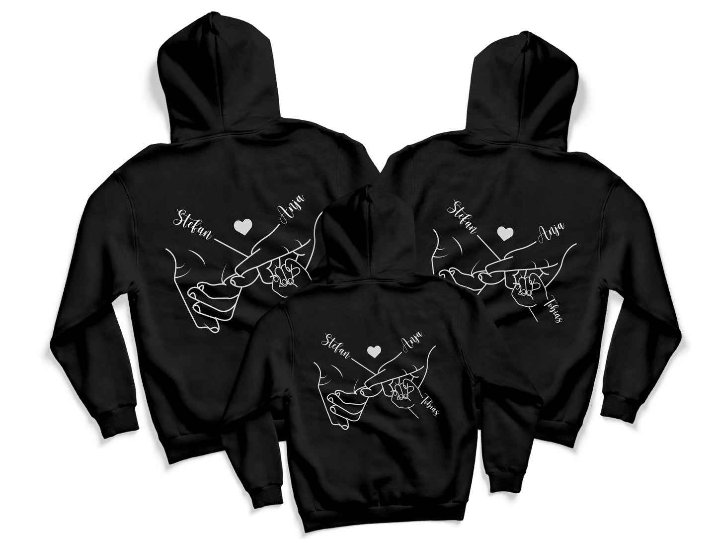 Personalisierter Familien Hoodie mit Namen und Händchen Halten Motiv schwarz