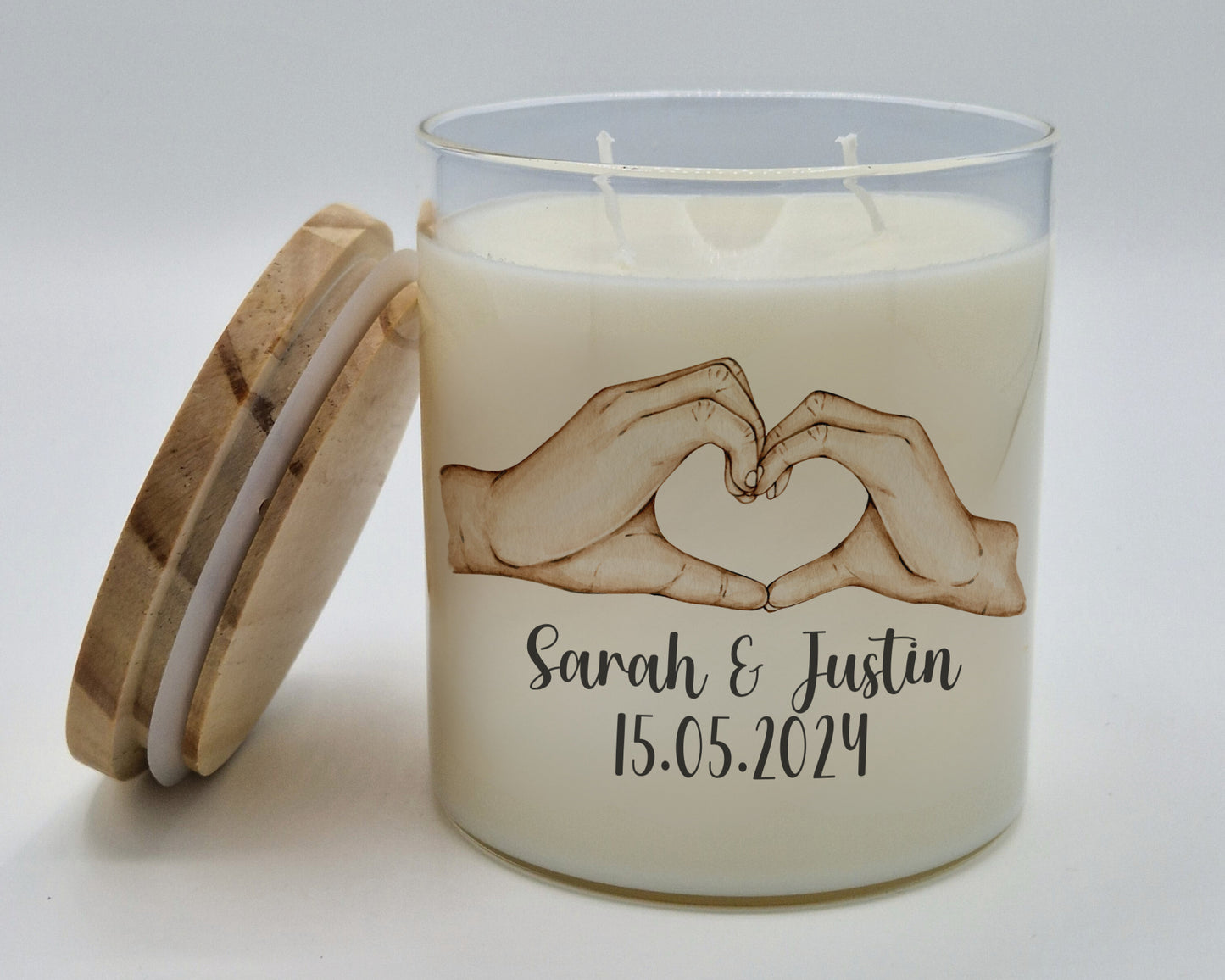 Personalisierte Kerze im Glas Paar Hände Herz Geschenk zur Hochzeit