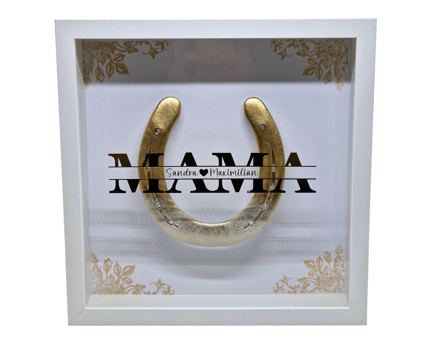 Edles Glücksbringer Hufeisen im Rahmen Mama zum Muttertag personalisiert mit Wunschname/Wunschtext
