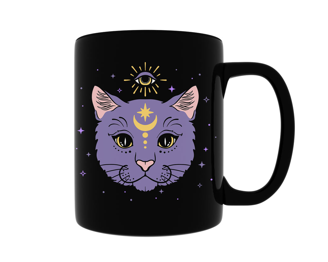 Schwarze Halloween Tasse mit mystischer Katze Kaffeebecher