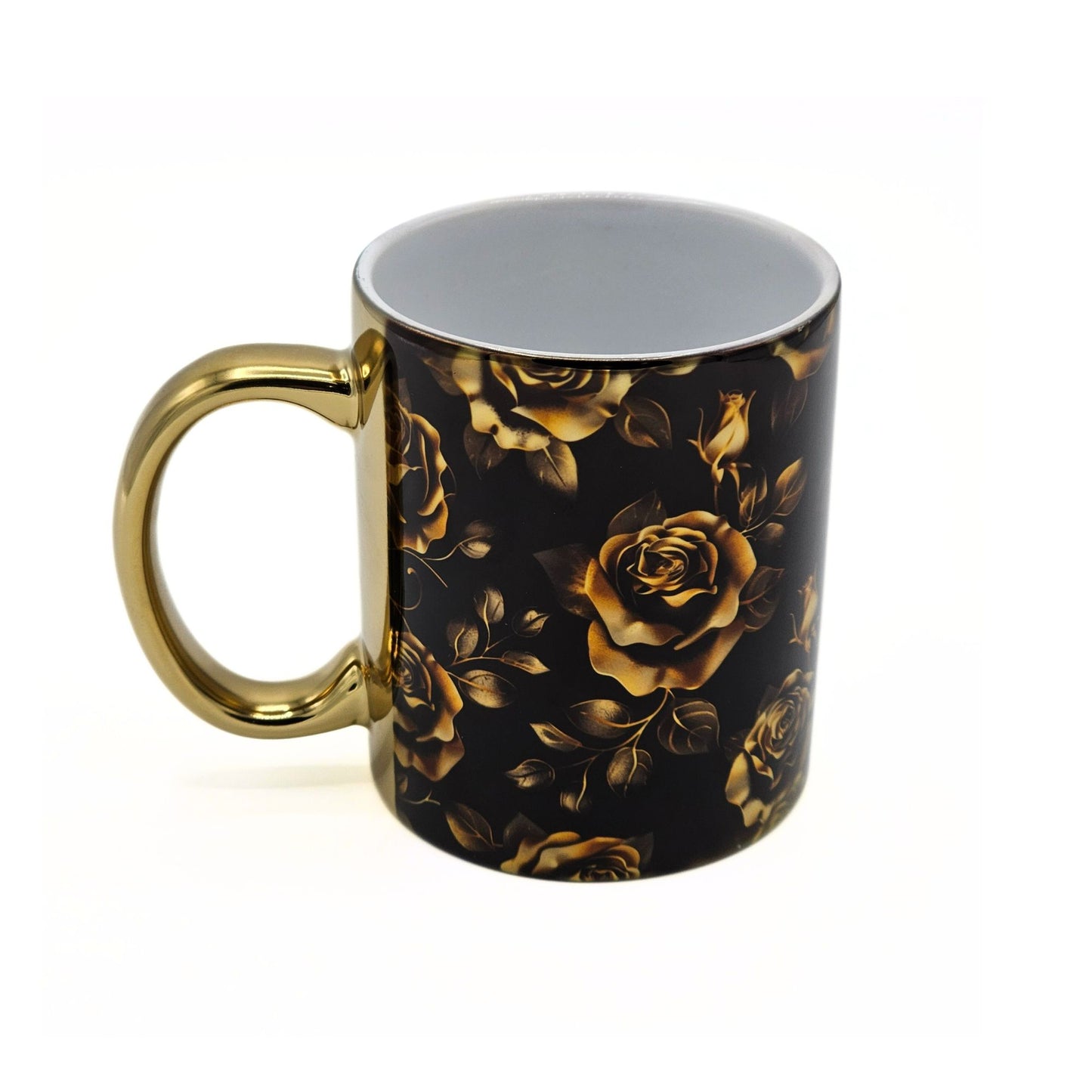 Personalisierte Goldene Kaffeetasse mit Rosen und Wunschname schwarz gold metallic