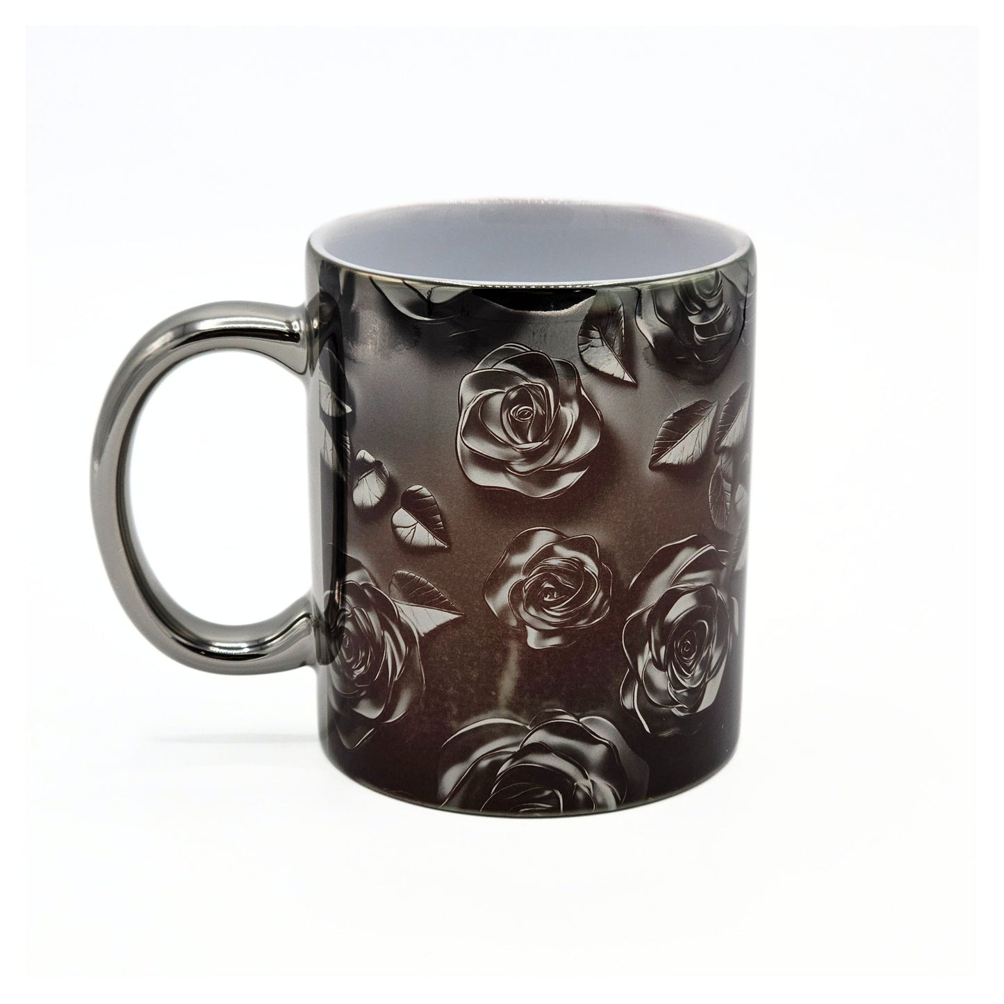 Silberne Kaffeetasse mit Rosen schwarz silber metallic