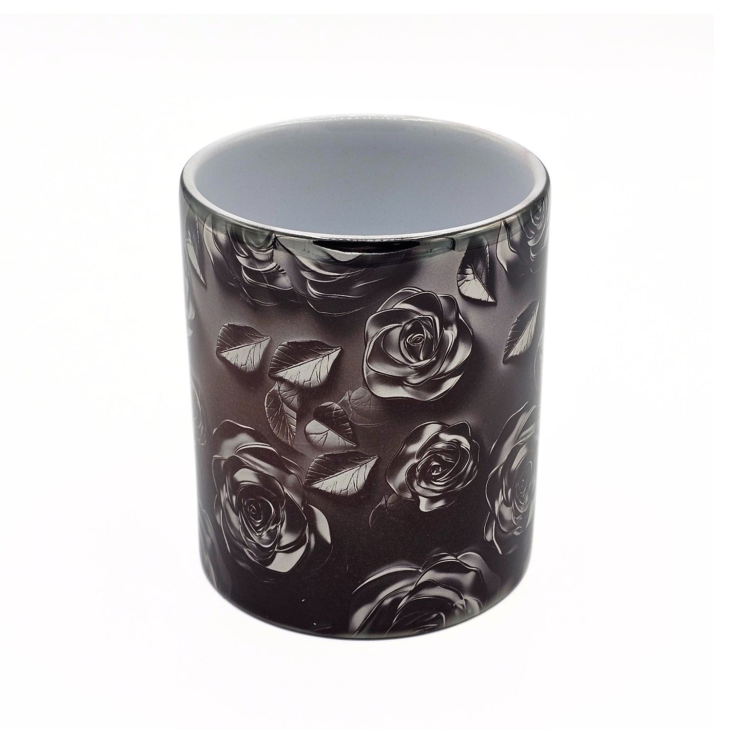 Silberne Kaffeetasse mit Rosen schwarz silber metallic