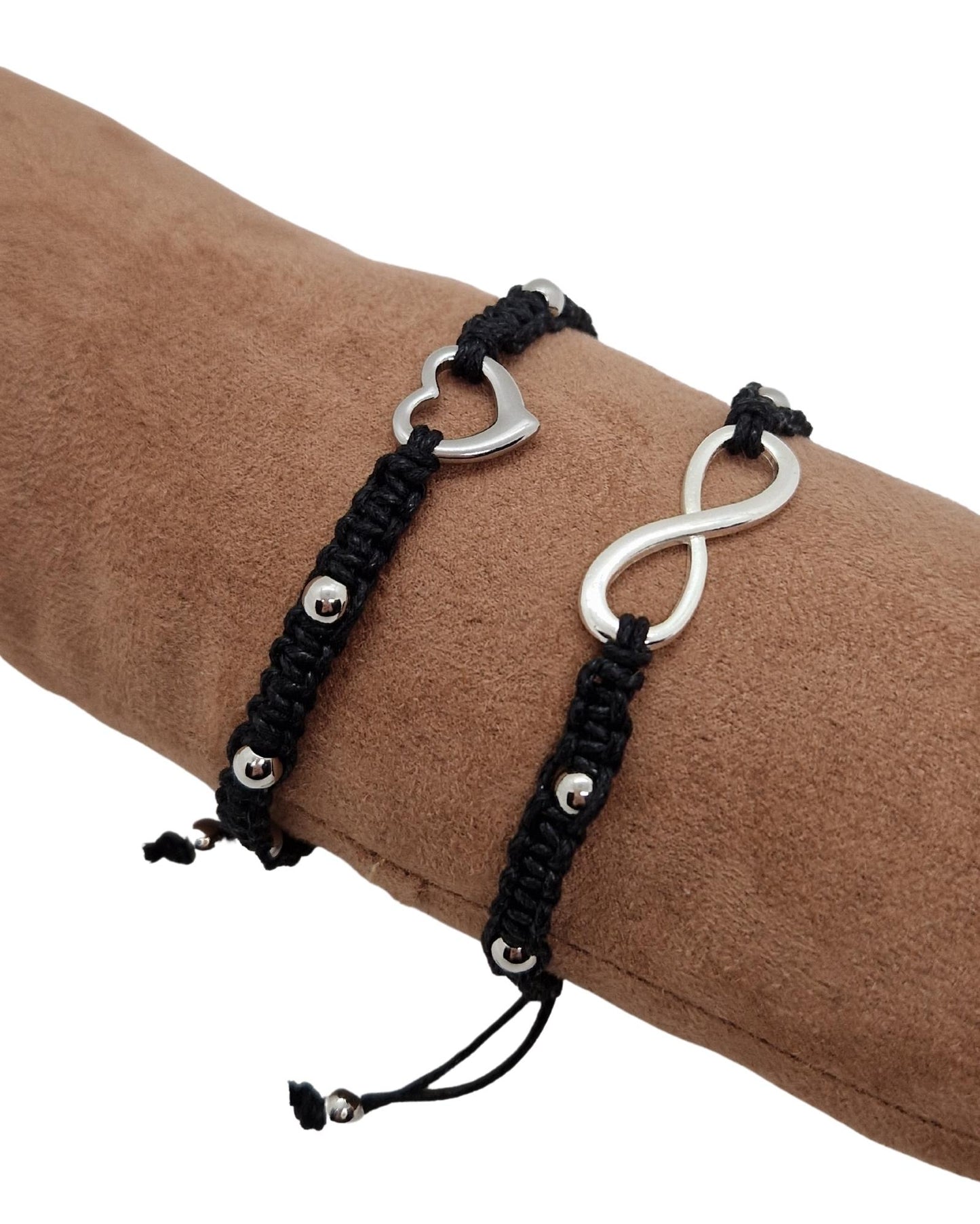 Partnerarmbänder für Sie und Ihn Herz und Unendlichkeitssymbol schwarz silber