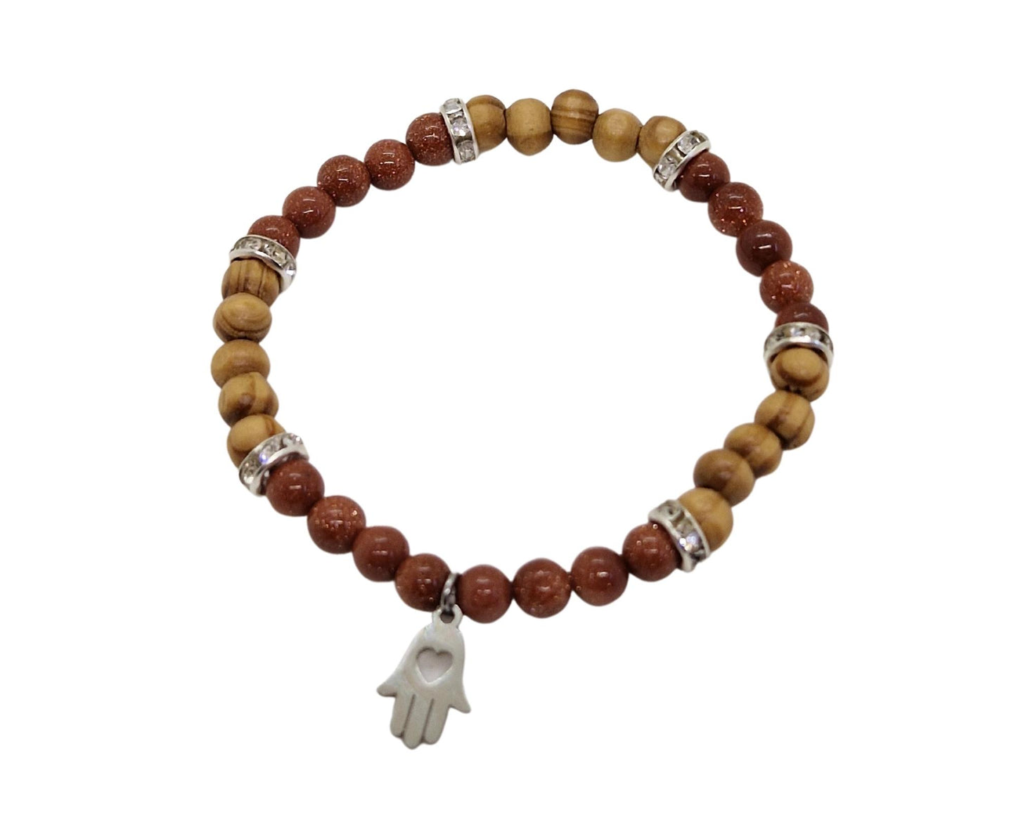 Edelsteinarmband Energiearmband mit Hamsa Anhänger Spiritualität Goldfluss Holzperlen