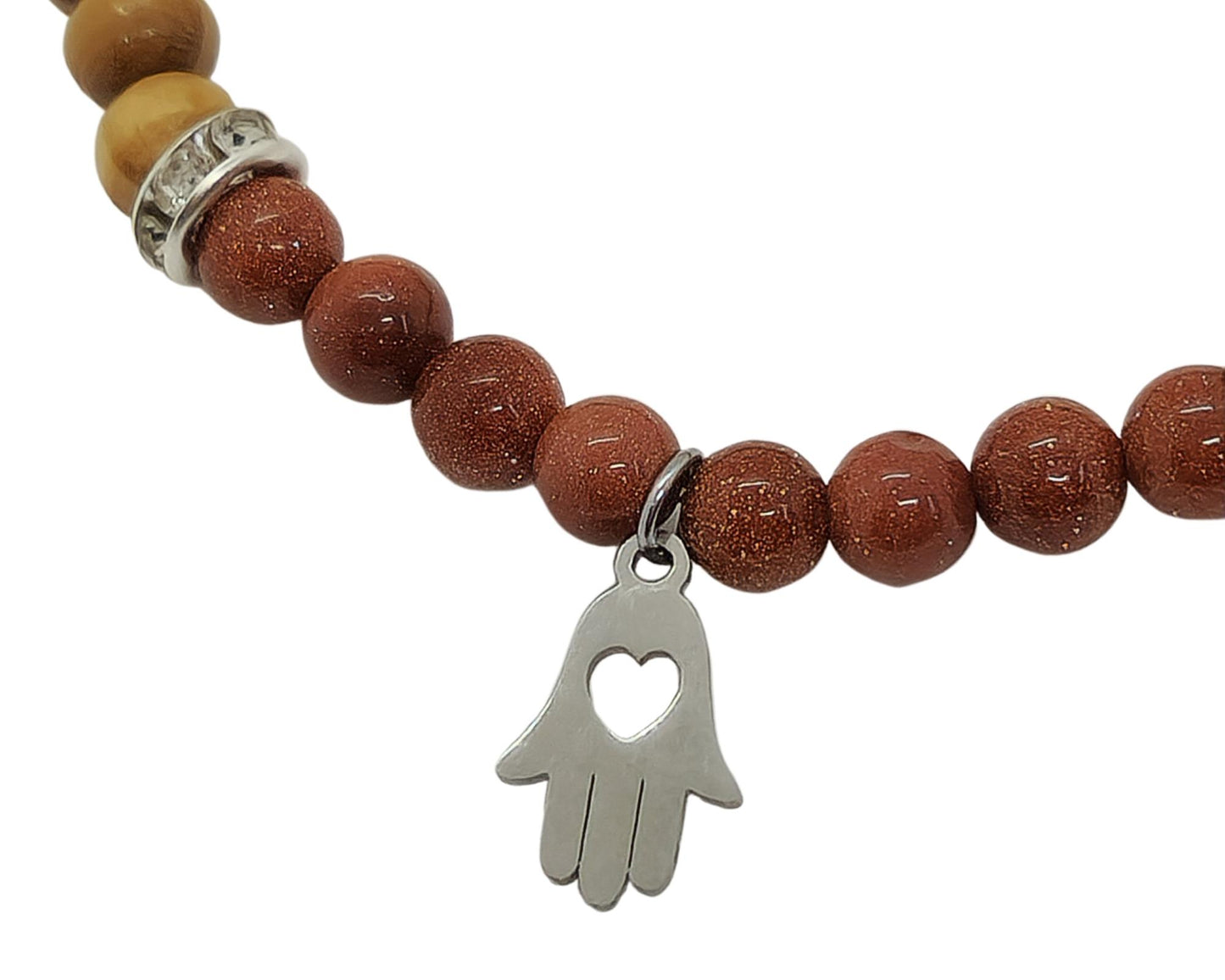 Edelsteinarmband Energiearmband mit Hamsa Anhänger Spiritualität Goldfluss Holzperlen