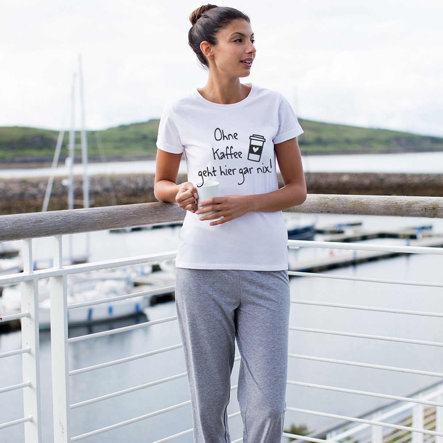 Pyjama mit Spruch Ohne Kaffee geht hier gar nix bedruckter Schlafanzug T-Shirt und Hose Set grau weiß - Tachinedas Kreativshop