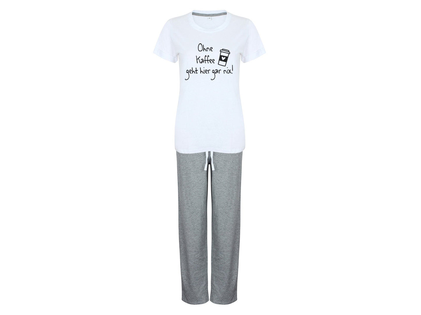 Pyjama mit Spruch Ohne Kaffee geht hier gar nix bedruckter Schlafanzug T-Shirt und Hose Set grau weiß - Tachinedas Kreativshop