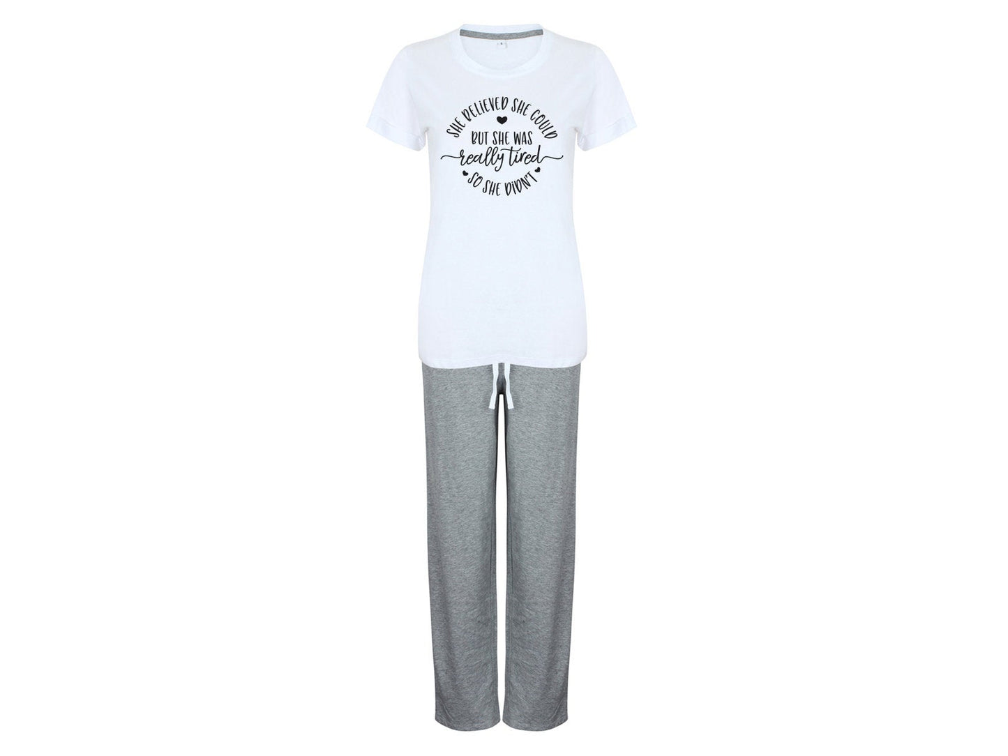 Pyjama Set mit Spruch bedruckter Schlafanzug T-Shirt und lange Hose grau weiß Motivation zu müde - Tachinedas Kreativshop