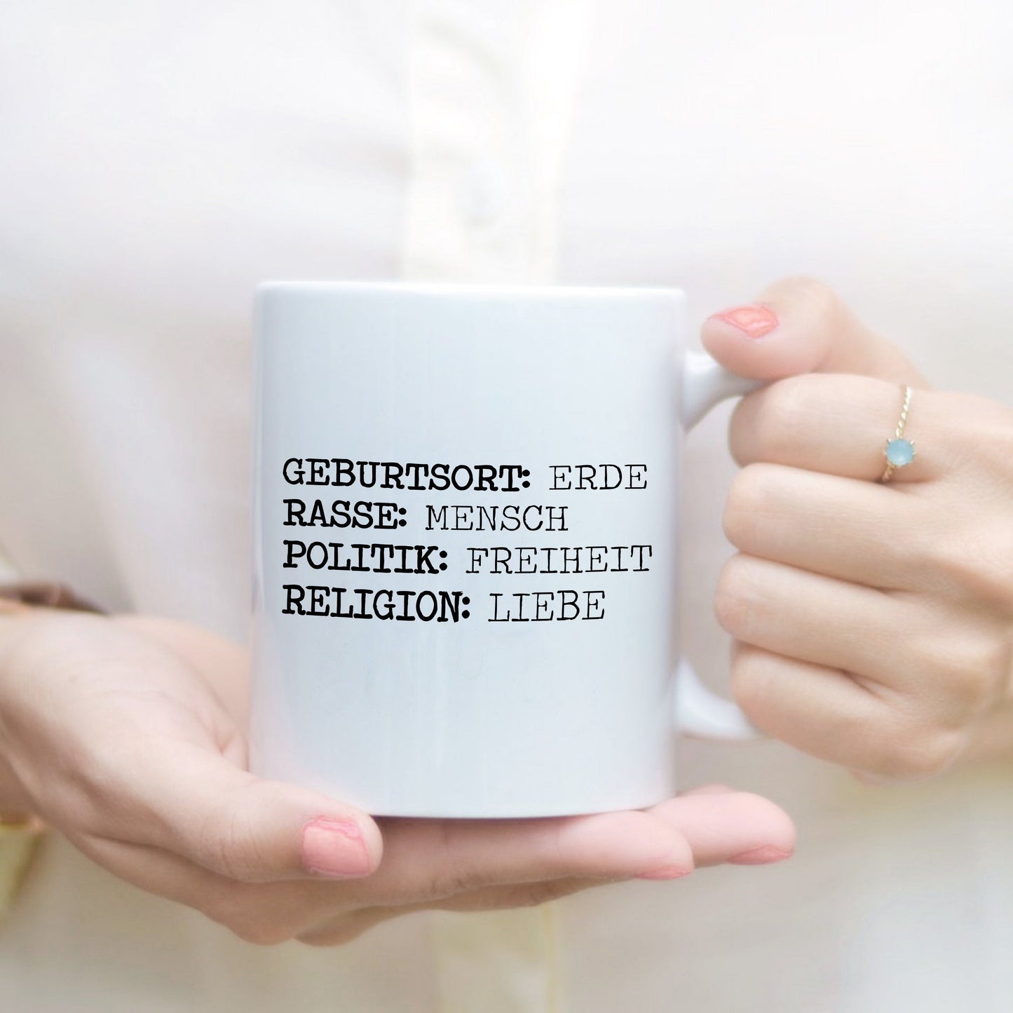 Tasse mit Spruch Steckbrief Religion Liebe Freiheit Erde Mensch - Tachinedas Kreativshop