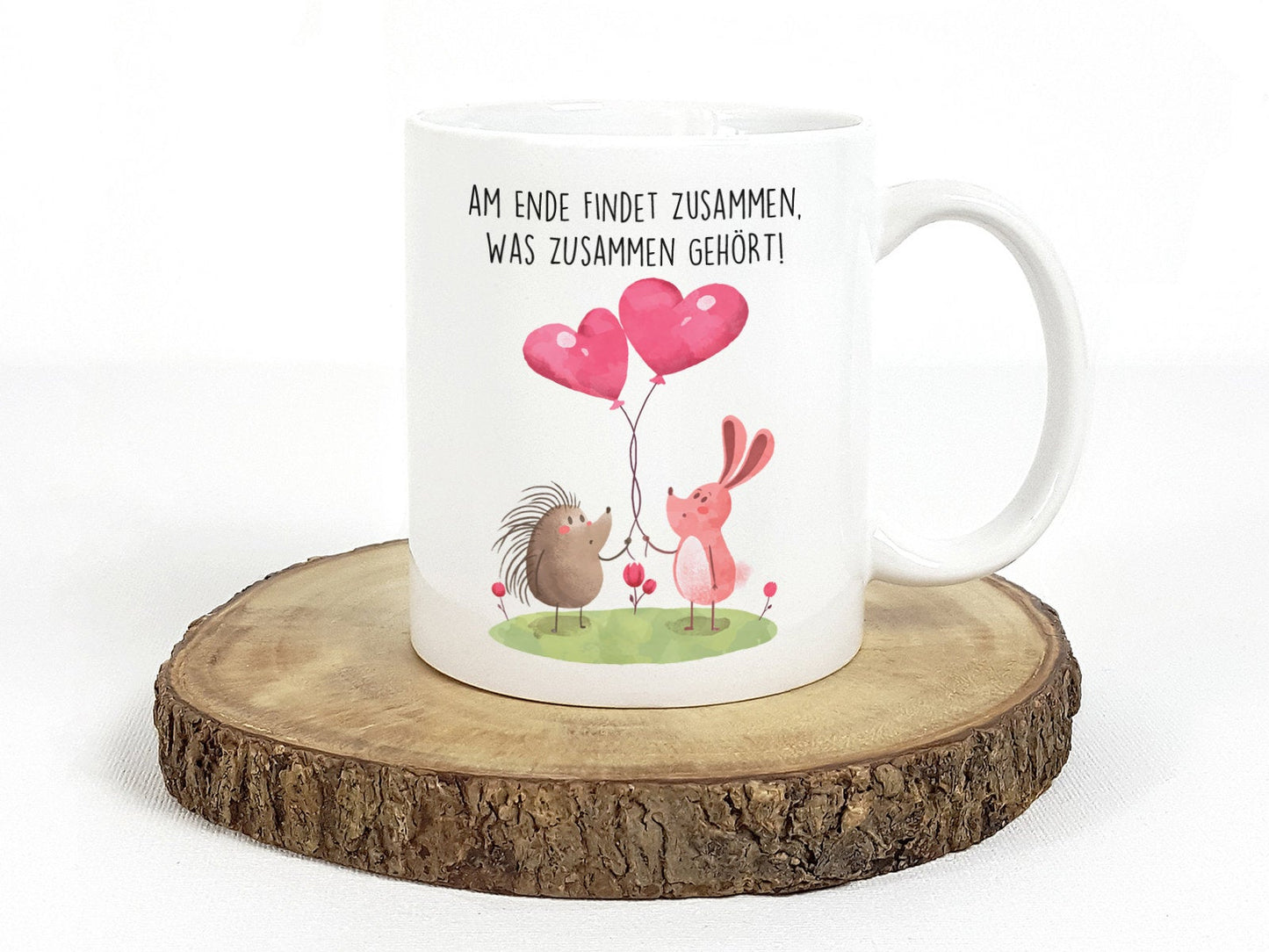 Tasse mit Igel und Hase und Spruch Am Ende findet zusammen was zusamen gehört - Tachinedas Kreativshop