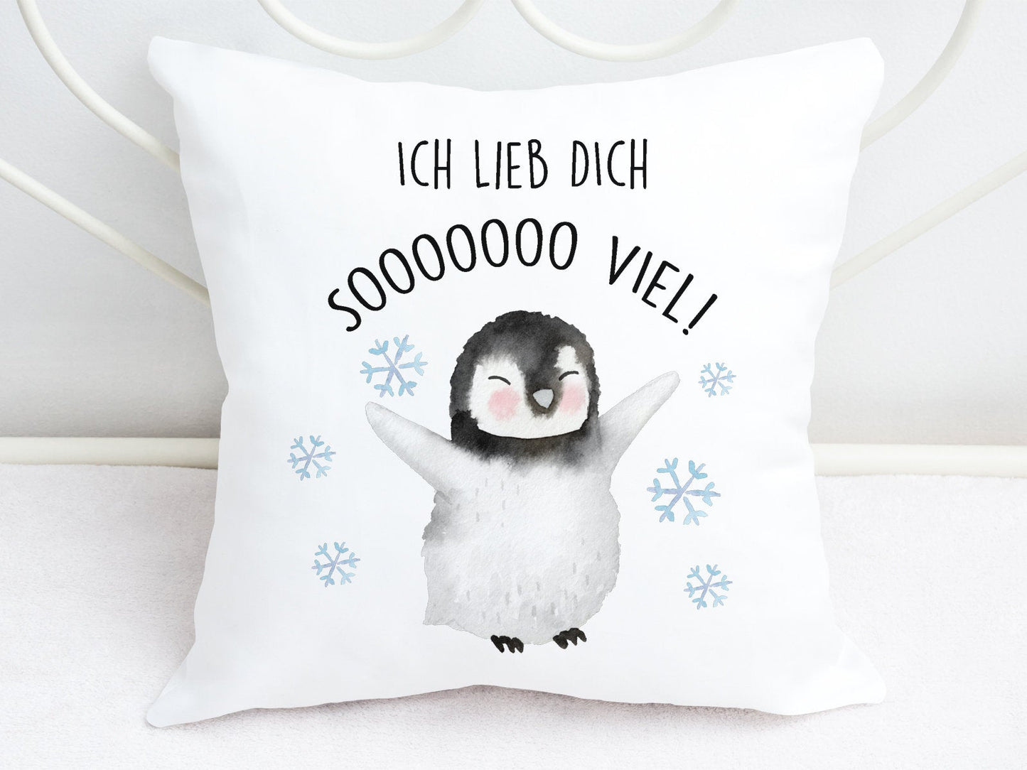 Kissen mit Pinguin und Spruch Ich lieb dich so viel 40x40 cm weiß Valentinstag - Tachinedas Kreativshop