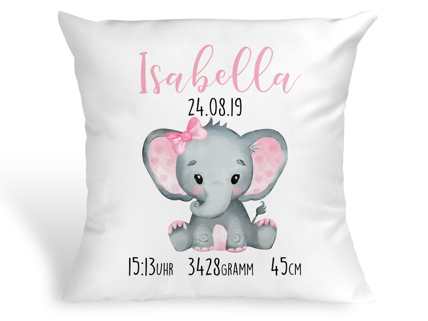 Personalisiertes Kissen mit Baby Elefant Geschenk zur Geburt oder Taufe mit Namen und Datum Mädchen Babykissen - Tachinedas Kreativshop