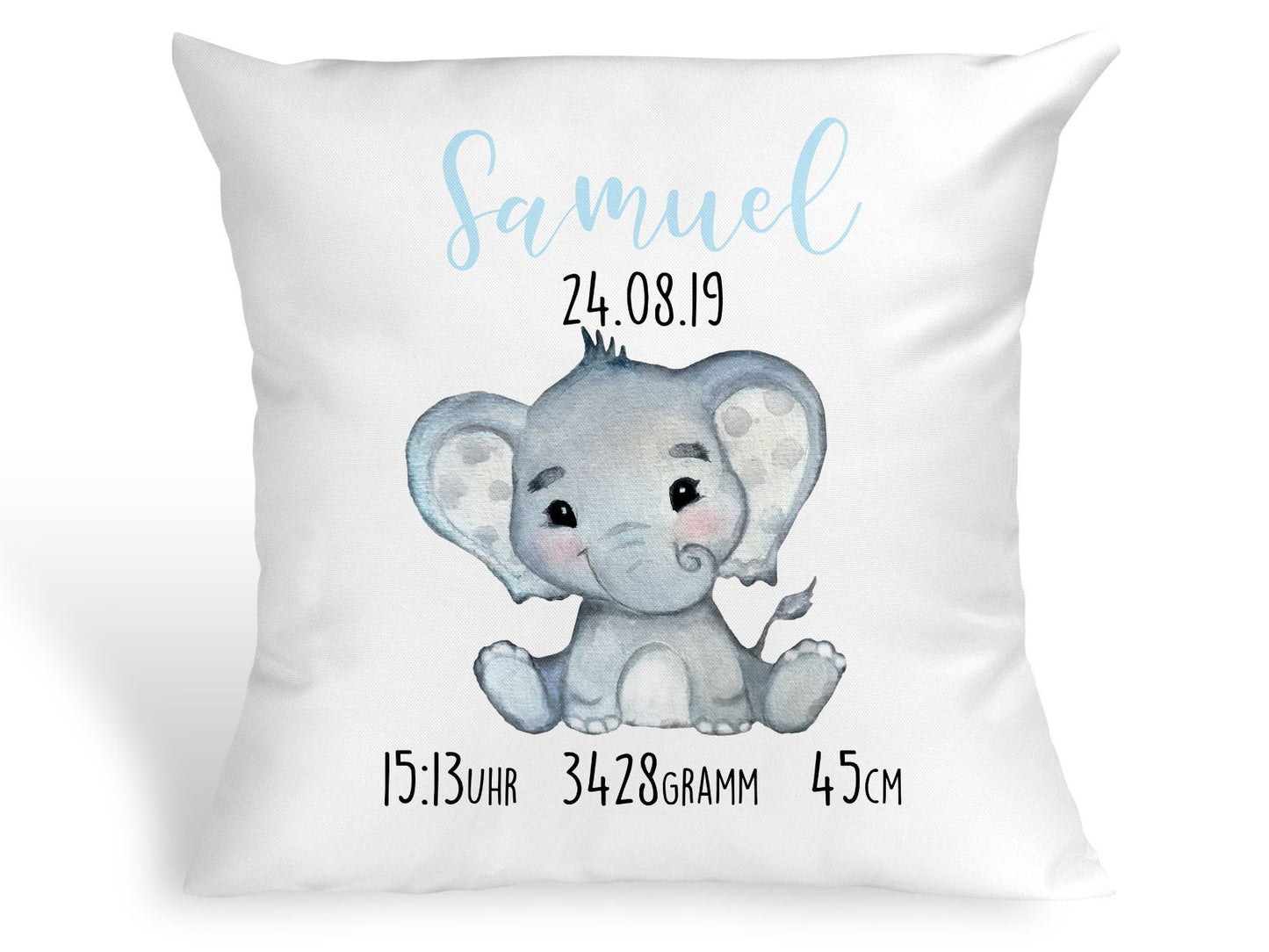 Personalisiertes Kissen mit Elefant Geschenk zur Geburt oder Taufe mit Namen und Datum Junge - Tachinedas Kreativshop