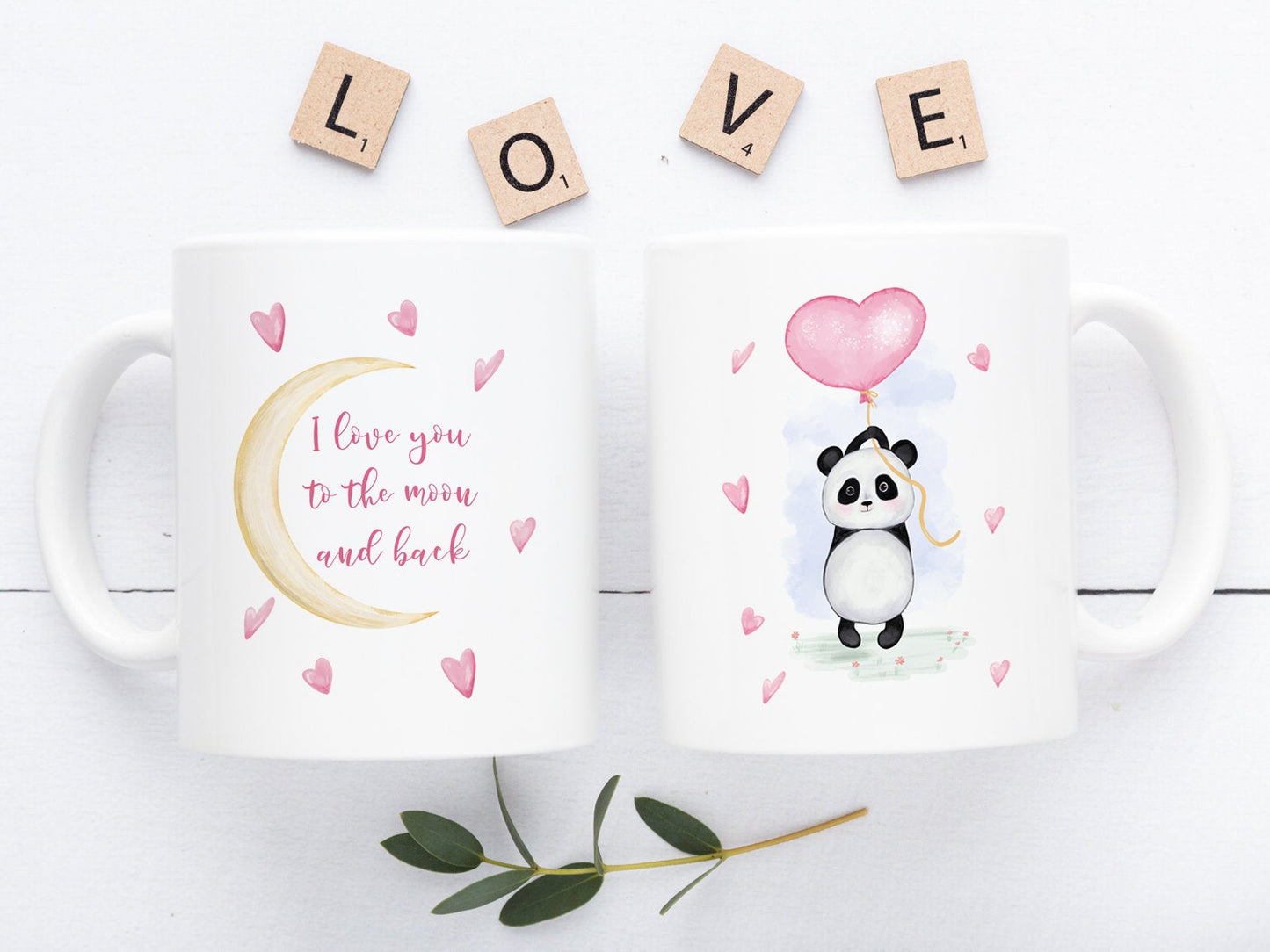 Bedruckte Kaffeetasse mit Panda und Spruch I love you to the moon and back - Tachinedas Kreativshop