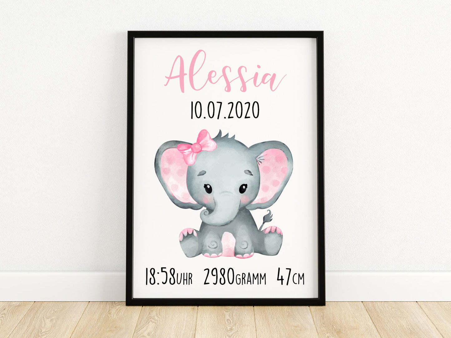 Personalisiertes Poster Geschenk zur Geburt mit Baby Elefant A3 Poster Kunstdruck Wallart Geschenkidee zur Taufe Mädchen Druck - Tachinedas Kreativshop