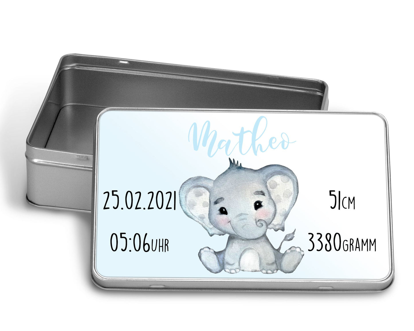 Personalisierte Baby Erinnerungsbox zur Geburt mit Namen und Datum Elefant Erinnerungskiste Taufe Geschenkschachtel Metalldose Taufgeschenk - Tachinedas Kreativshop