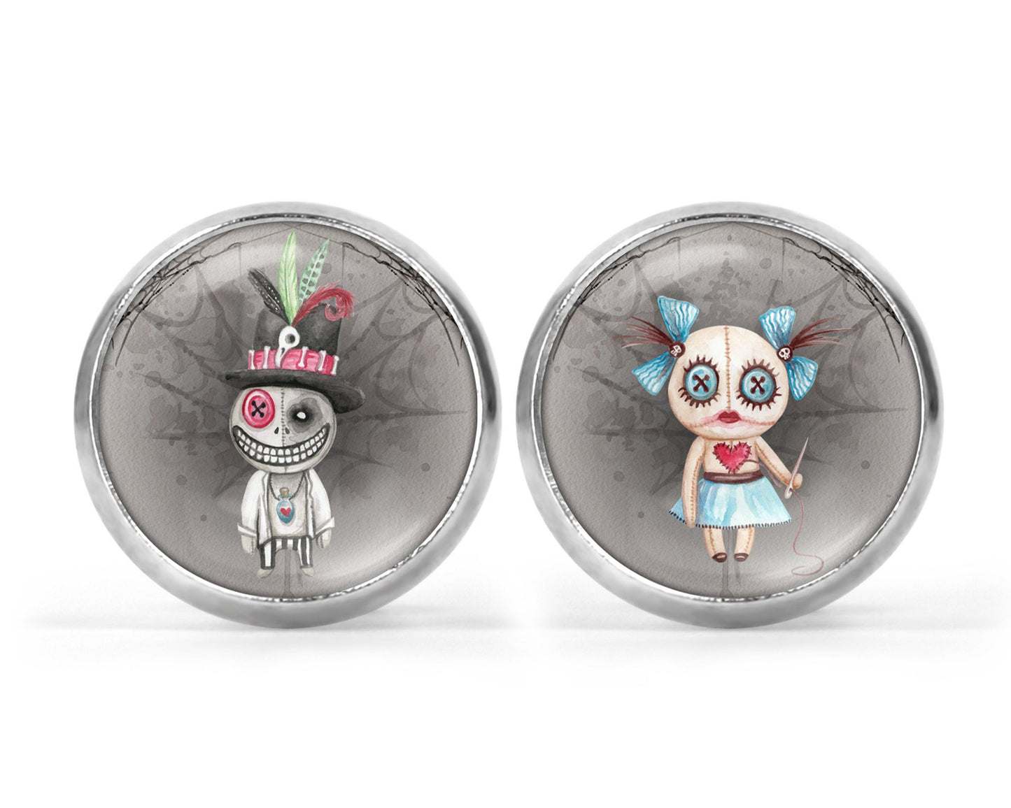 Damen Ohrstecker mit Motiv Voodoo Puppen Unisex Ohrringe Edelstahl silber schwarz Ohrschmuck Cabochon - Tachinedas Kreativshop