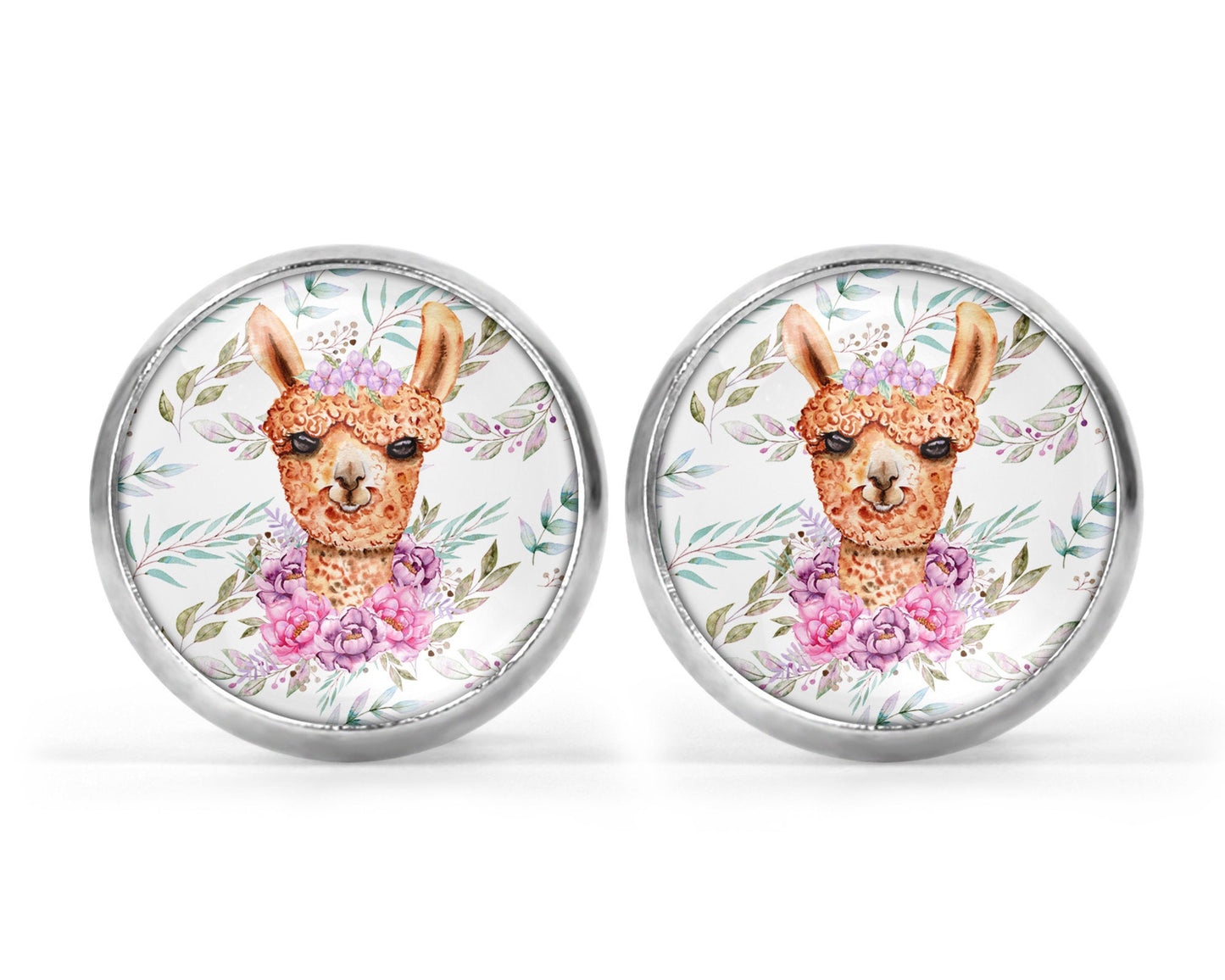 Damen Ohrstecker mit Motiv Lama Alpaka Ohrringe Edelstahl silber rosa Ohrschmuck Cabochon Tiermotiv - Tachinedas Kreativshop