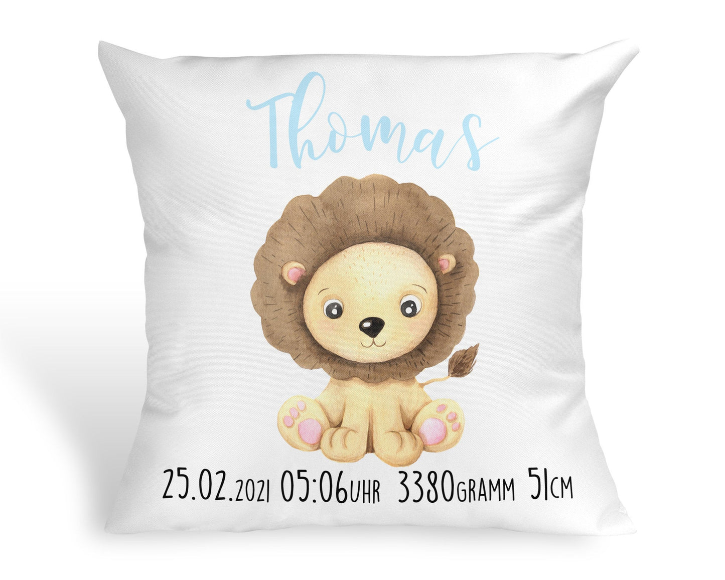 Personalisiertes Kissen mit Löwe Geschenk zur Geburt oder Taufe mit Namen und Datum Junge Baby Babykissen - Tachinedas Kreativshop