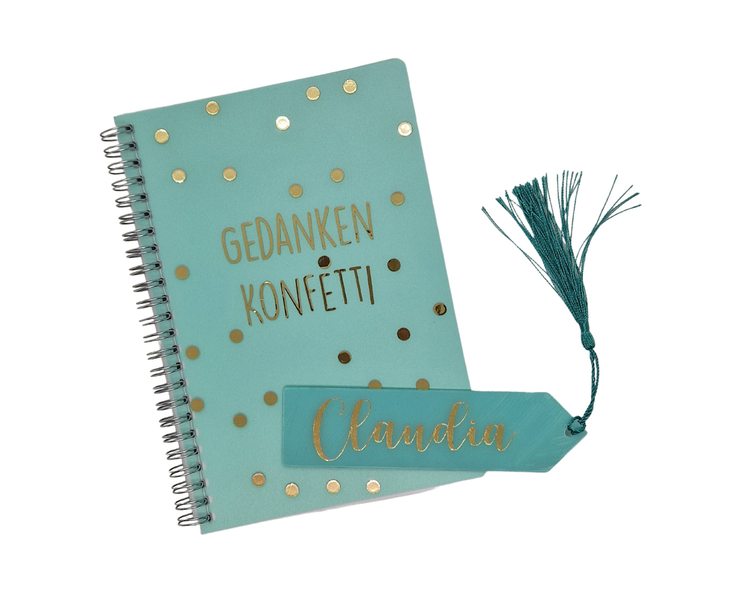 Notizbuch Gedankenkonfetti A5 gold Punkte optional als Set mit personalisiertem Lesezeichen