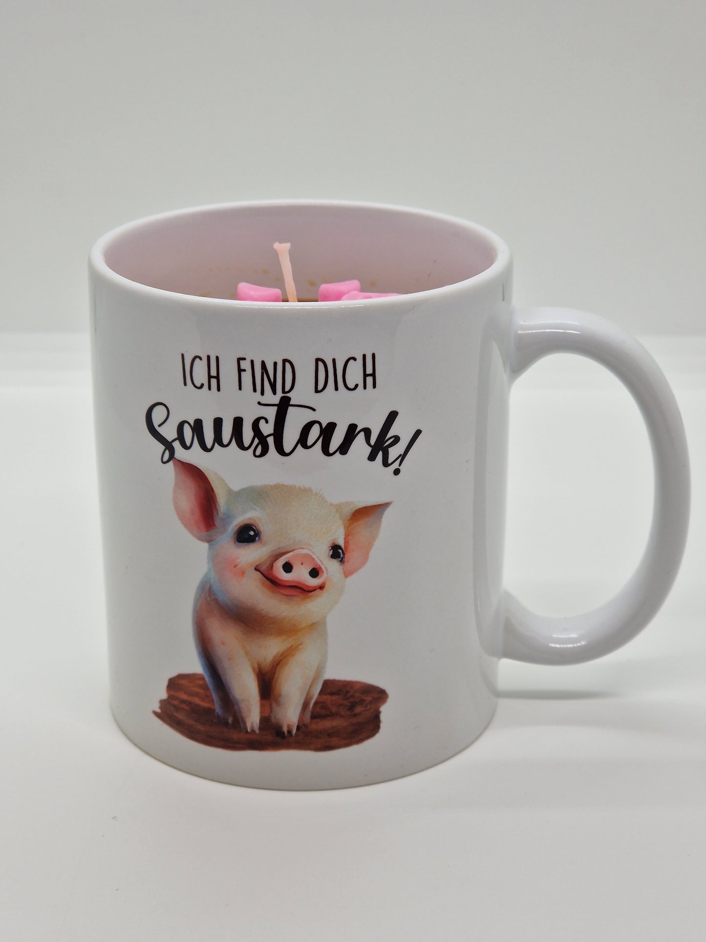 Tassenkerze Kerze in Kaffeetasse mit Schweinchen und Spruch Ich find dich saustark