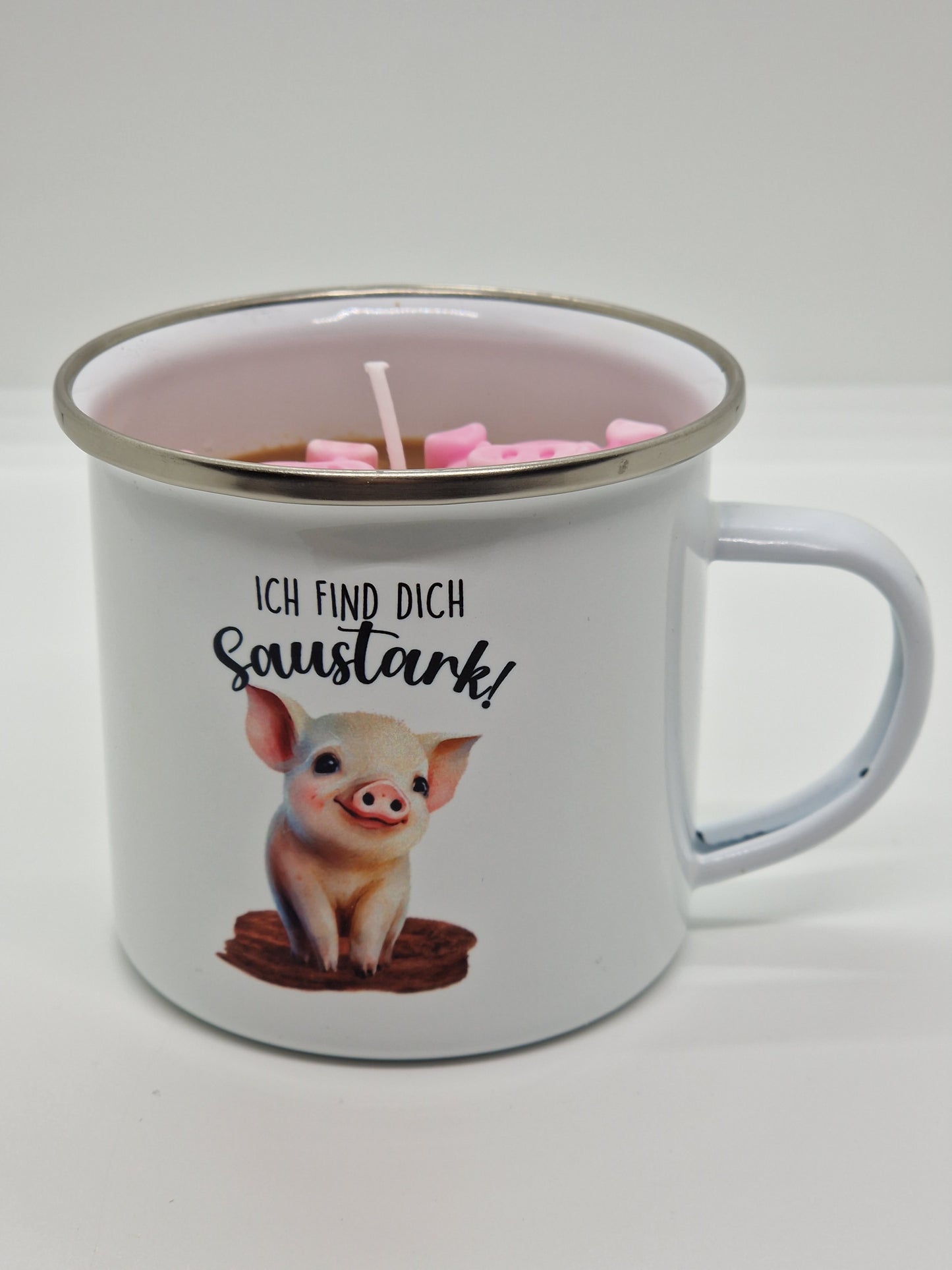 Tassenkerze Kerze in Emaille Tasse mit Schweinchen und Spruch Ich find dich saustark