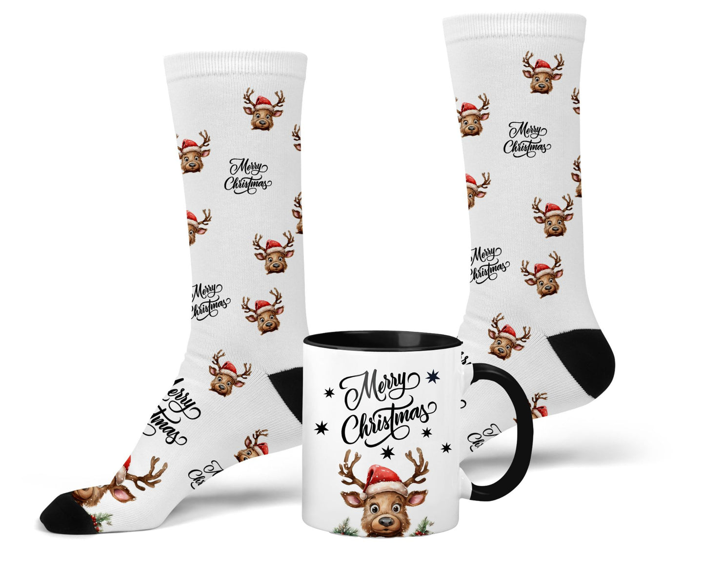 Geschenkset Merry Christmas Tasse und Socken mit Rentier Weihnachtsgeschenk