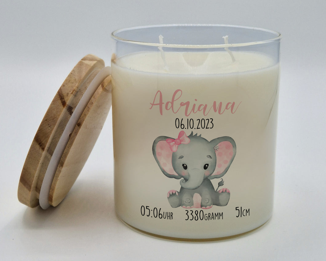 Personalisierte Kerze zur Geburt mit Elefant Babykerze Geburtskerze im Glas