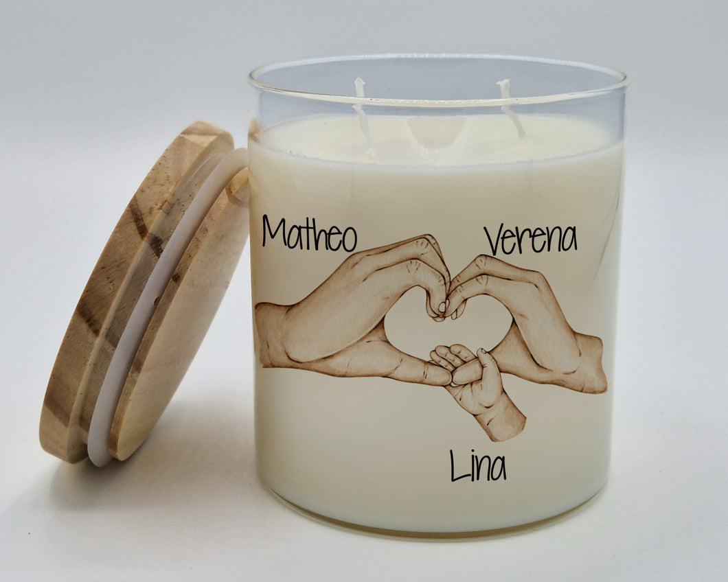 Personalisierte Kerze im Glas Hände Herz Familie Geschenk zur Geburt