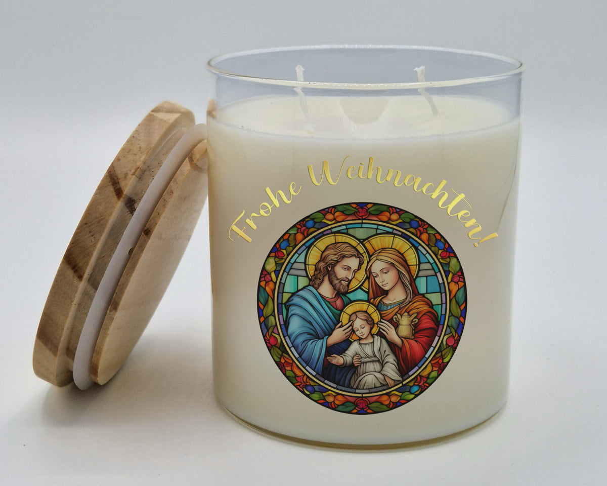 Christliche Weihnachtskerze Kerze im Glas Heilige Familie Buntglasmoti – Tachinedas Kreativshop