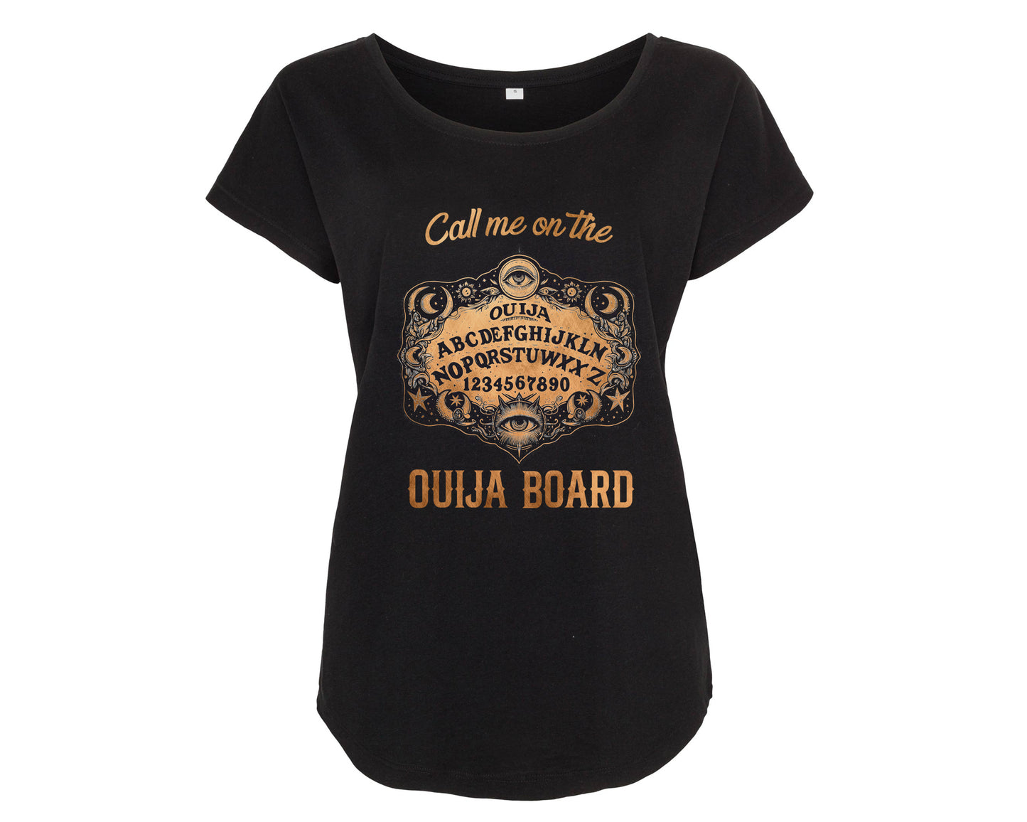 Lockeres Damen Shirt mit Print und Spruch Call me on The Ouija Board schwarz