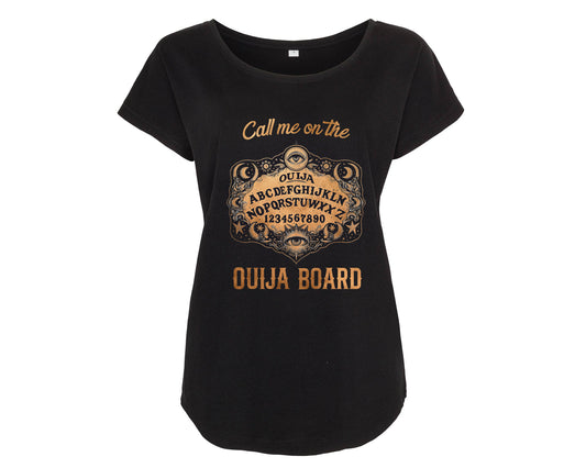 Lockeres Damen Shirt mit Print und Spruch Call me on The Ouija Board schwarz