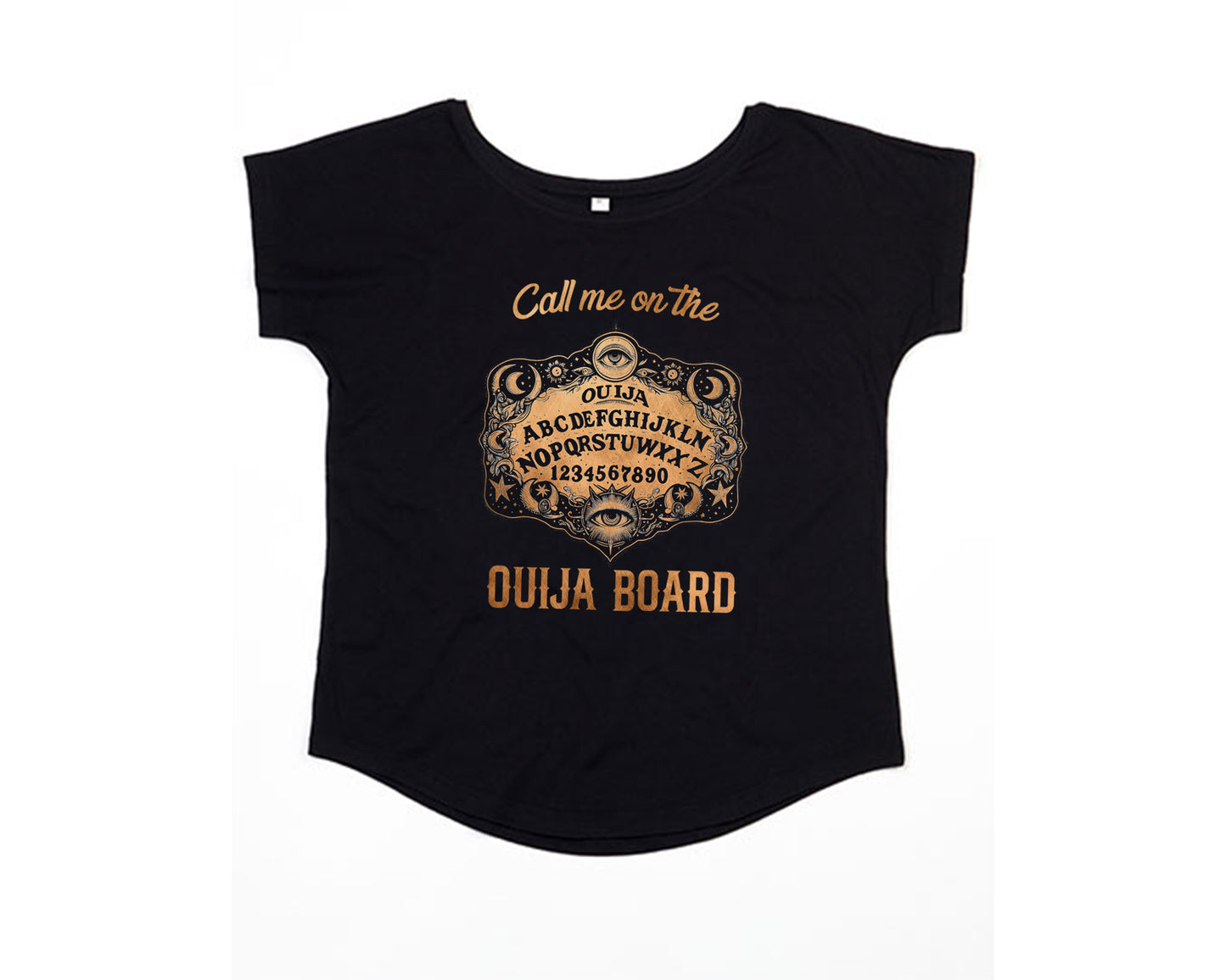 Lockeres Damen Shirt mit Print und Spruch Call me on The Ouija Board schwarz