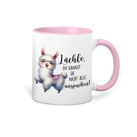 Lustige Kaffeetasse Lama mit Spruch Lächle du kannst sie nicht alle anspucken rosa