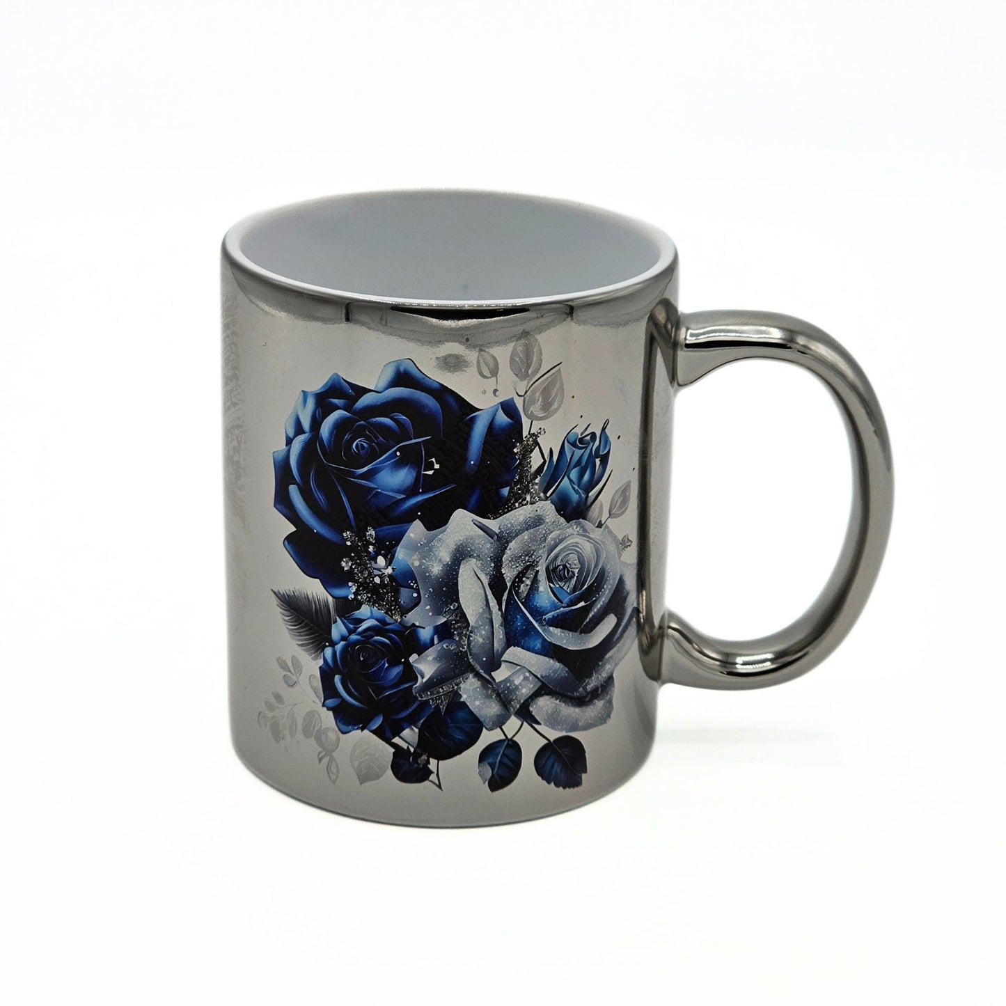 Kaffeetasse mit Rosen silber blau metallic