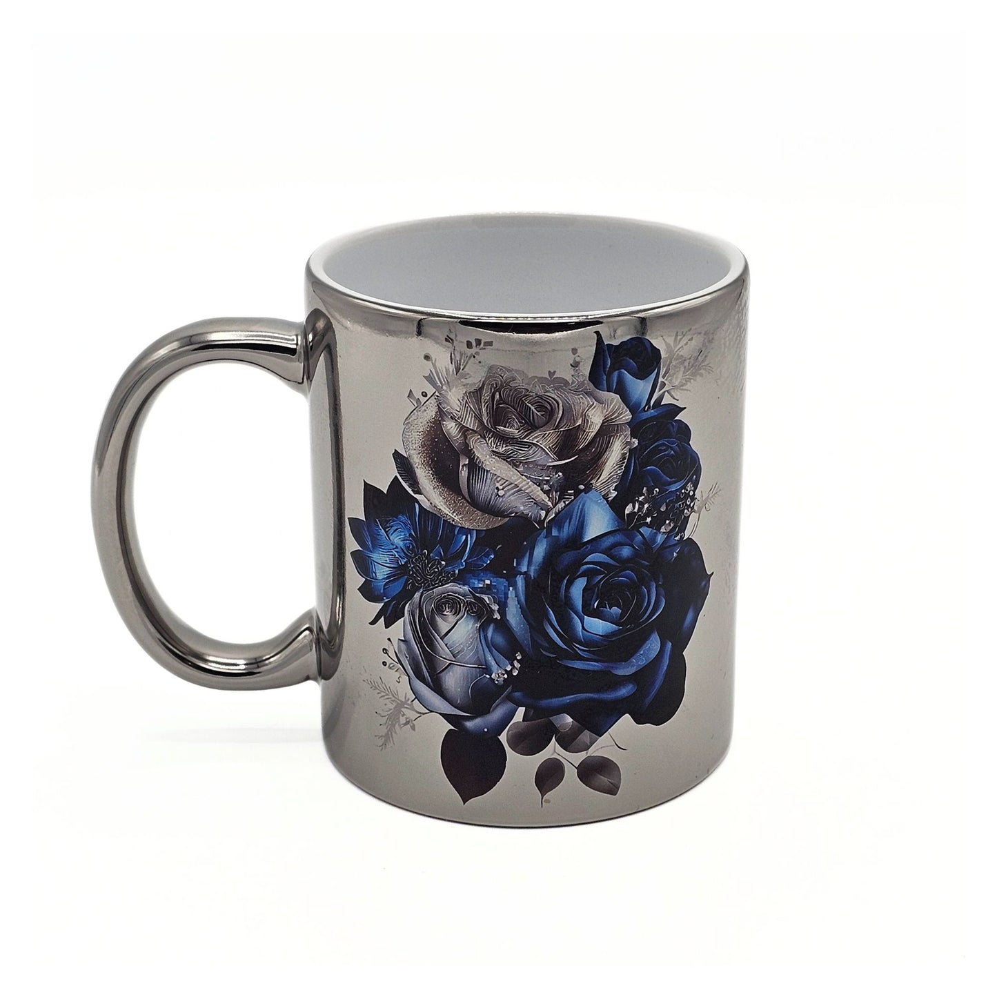 Kaffeetasse mit Rosen silber blau metallic