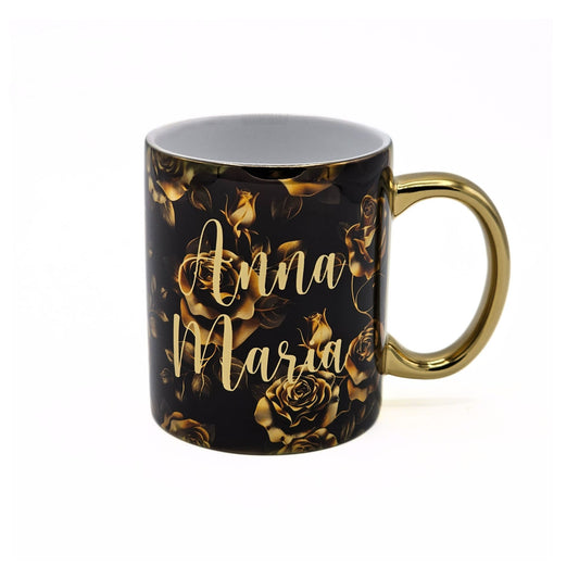 Personalisierte Goldene Kaffeetasse mit Rosen und Wunschname schwarz gold metallic