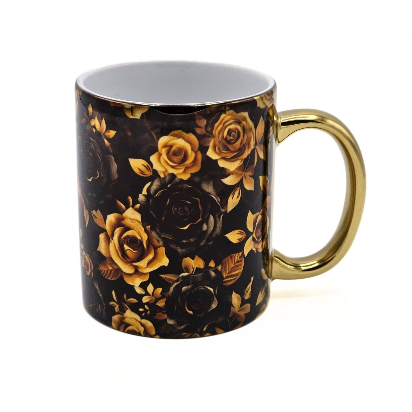 Goldene Kaffeetasse mit Rosen schwarz gold metallic