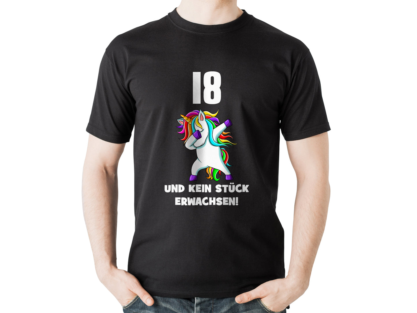 Herren T-Shirt mit Einhorn und Spruch 18 und kein Stück erwachsen