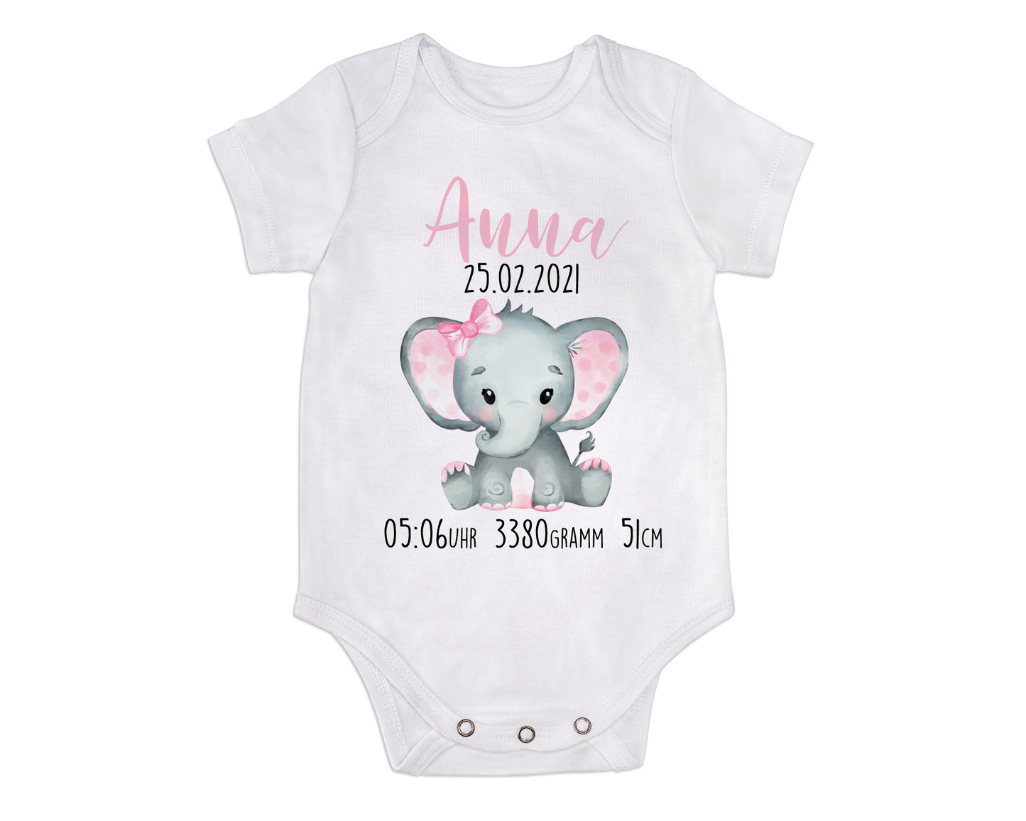 Personalisierter Baby Body Elefant mit Name und Datum