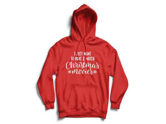 Damen Weihnachtspullover mit Spruch I just want to bake & watch christmas movies rot weiß