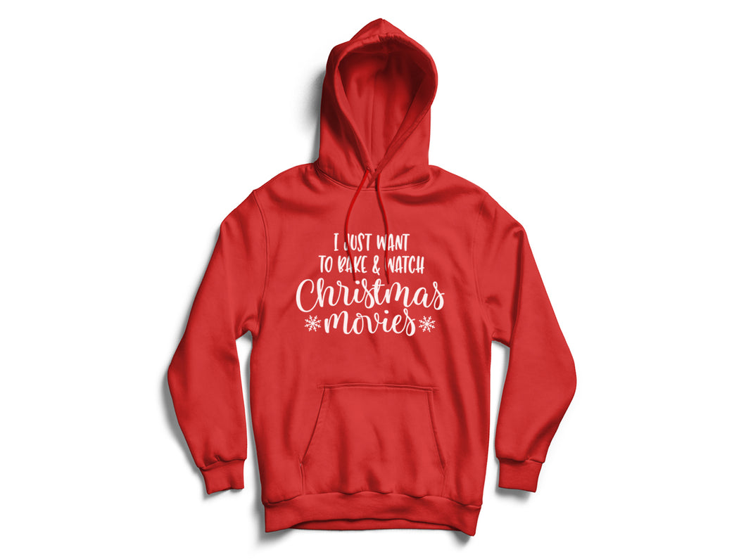 Damen Weihnachtspullover mit Spruch I just want to bake & watch christmas movies rot weiß