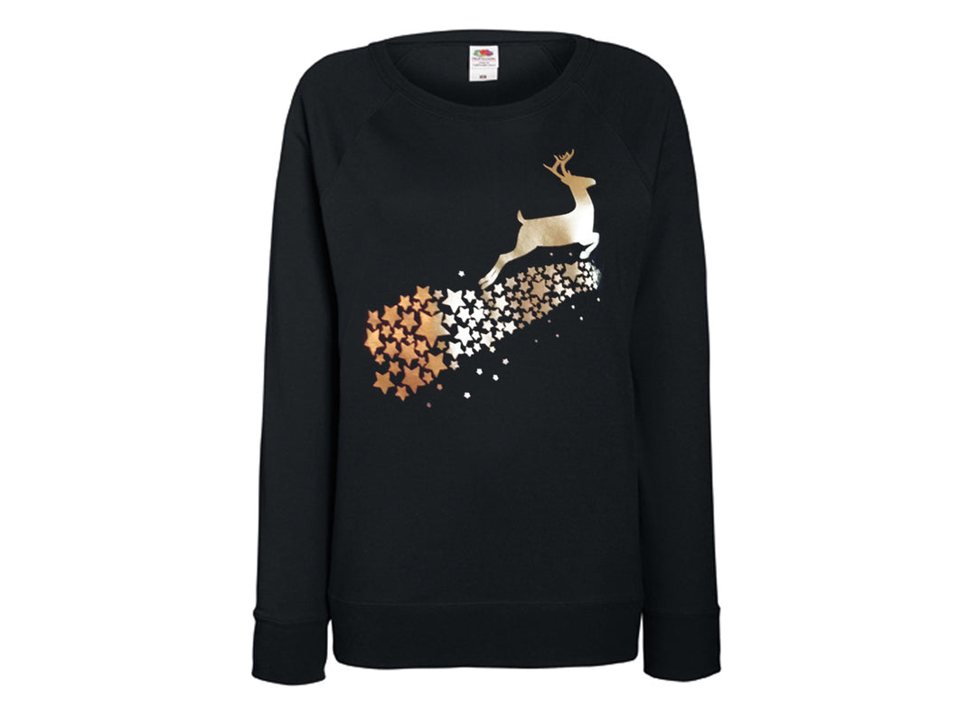 Damen Weihnachts-Sweatshirt mit Rentier Print schwarz gold