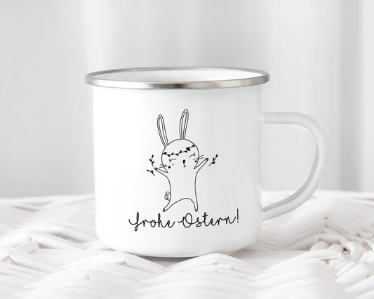 Minimalistische Oster Emaille Tasse mit Hase und Spruch Frohe Ostern