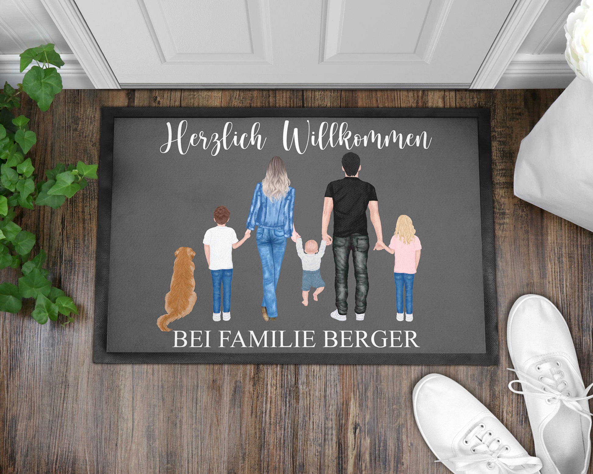 Personalisierte Fußmatte Familie Kinder Hund Katze Herzlich Willkommen 35x50 cm Türmatte - Tachinedas Kreativshop