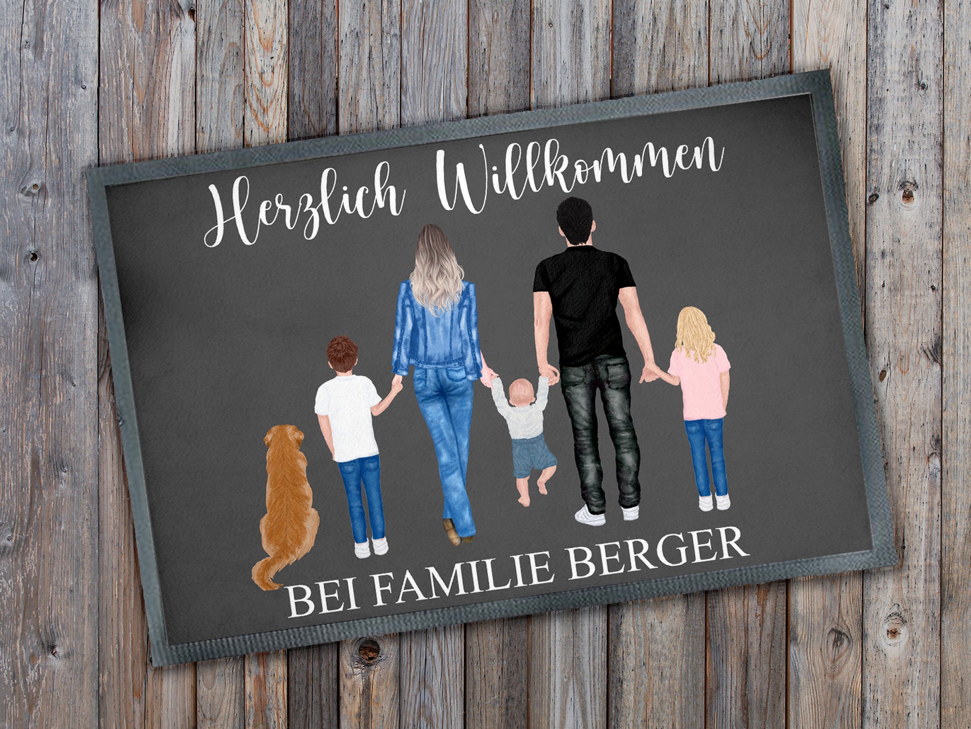 Personalisierte Fußmatte Familie Kinder Hund Katze Herzlich Willkommen 35x50 cm Türmatte - Tachinedas Kreativshop