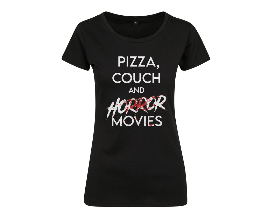 Damen T-Shirt mit Spruch Pizza, Couch & Horror Movies