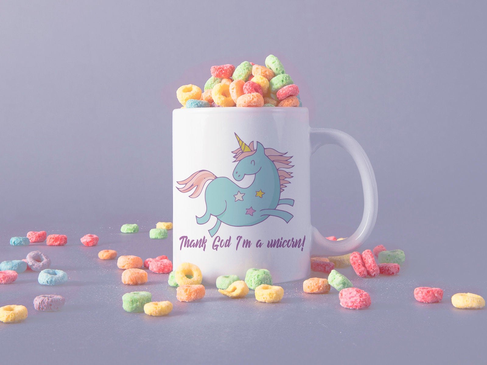 Einhorn Tasse mit Print bedruckter Kaffeebecher mit Spruch Thank God I'm a unicorn - Tachinedas Kreativshop